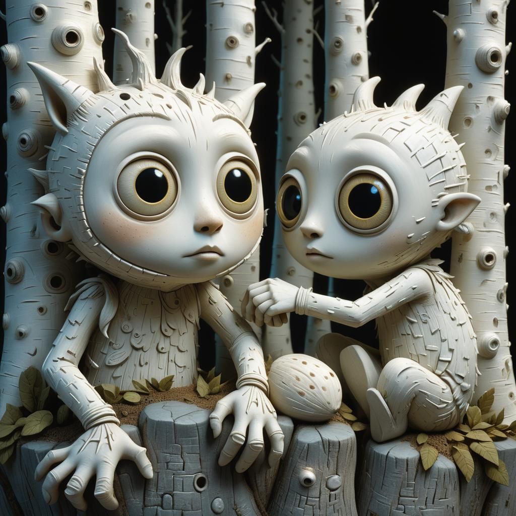 Whimsical Clay Monsters in Birch Forest