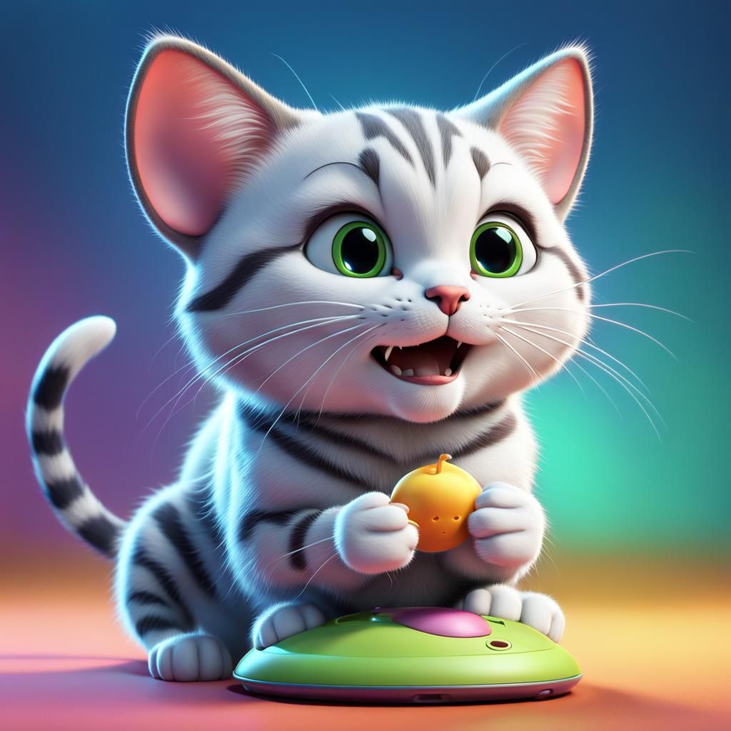 Cute Happy Cat Eating Mouse in 3D Style