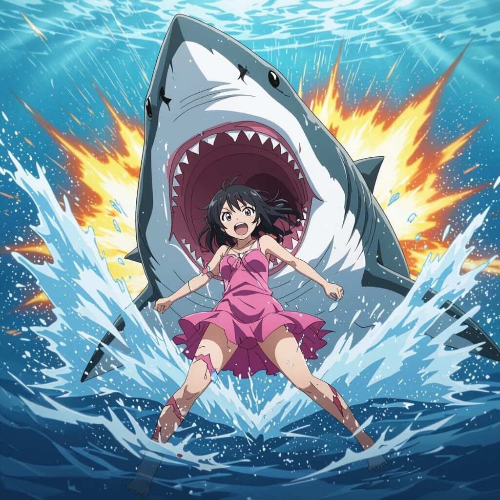 Anime Girl Legs Emerge From Great White Shark's Jaws