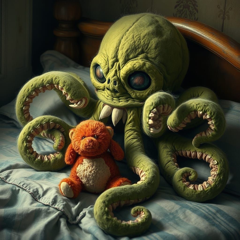 Evil Stuffed Octopus Grabs Toys on Bed