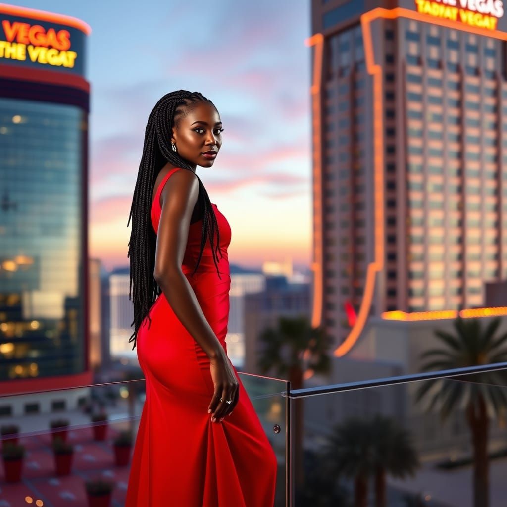 Elegant Black Woman in Red Gown on Vegas Terrace