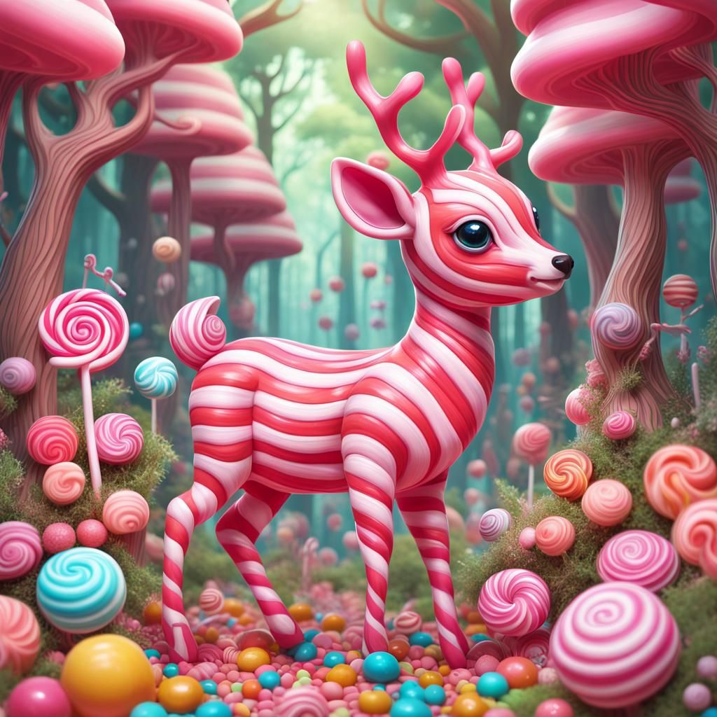 Enchanted Candy Forest with Pink Deer in Candy Art Style