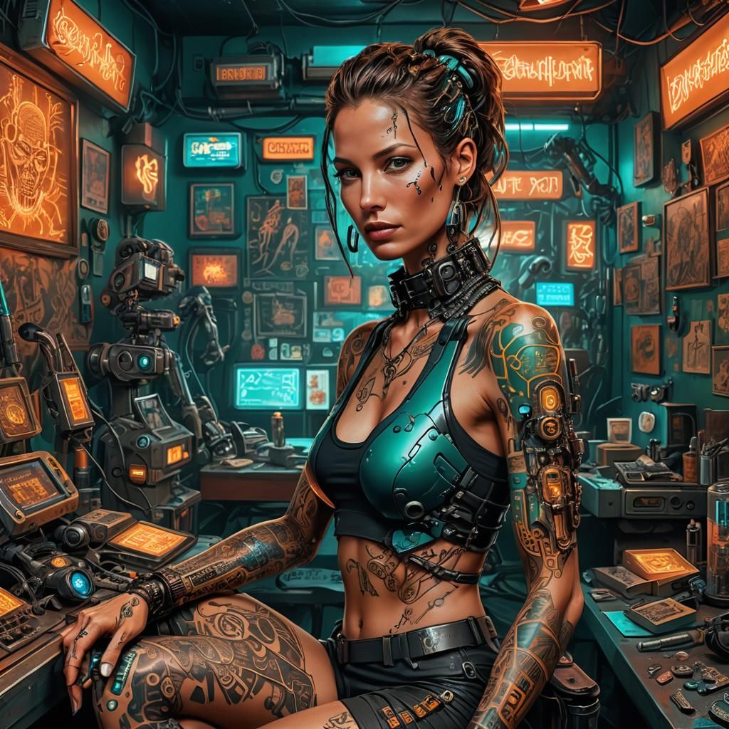 Cyborg Tattoo Artist in Cyberpunk Neon Noir Style