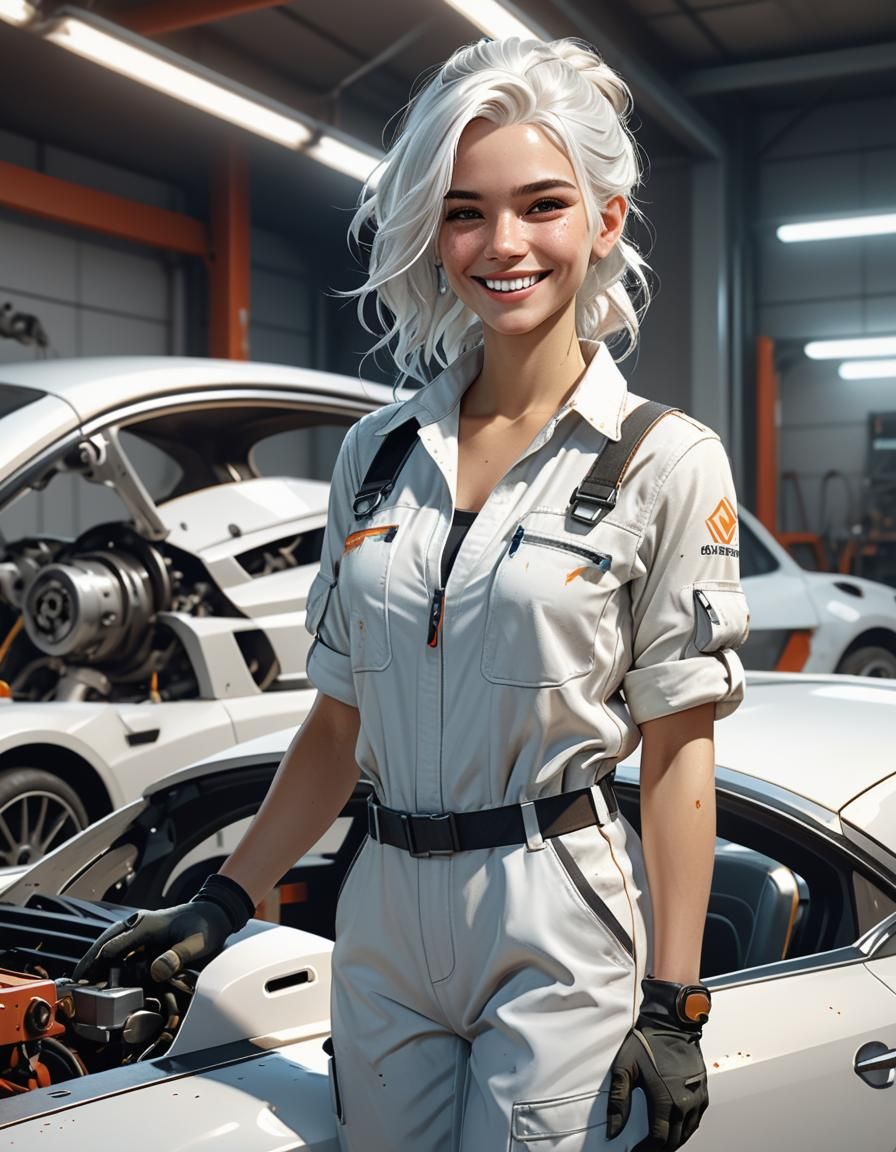 Smiling Mechanic in White Jumpsuit, Hyperdetailed Portrait