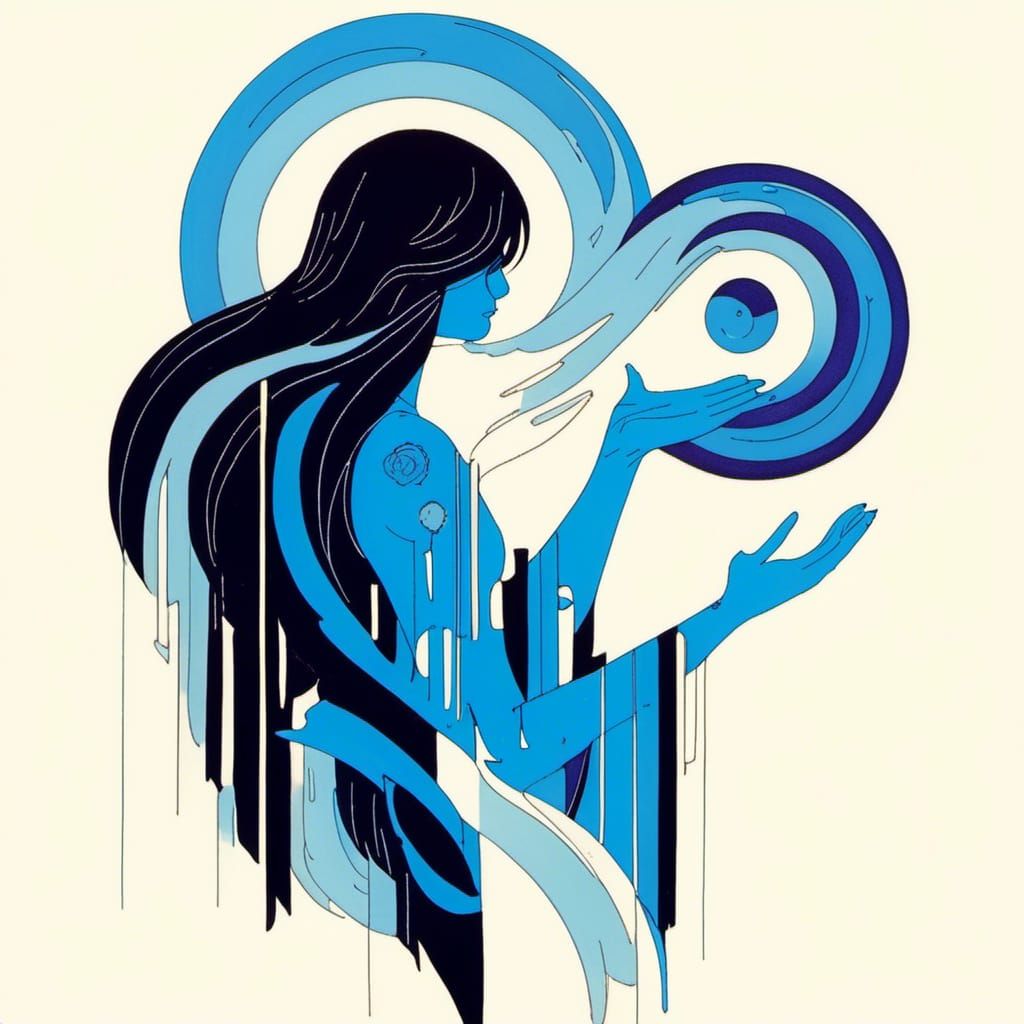 Blue Shaman Woman Casting Spell in Moebius Minimalism