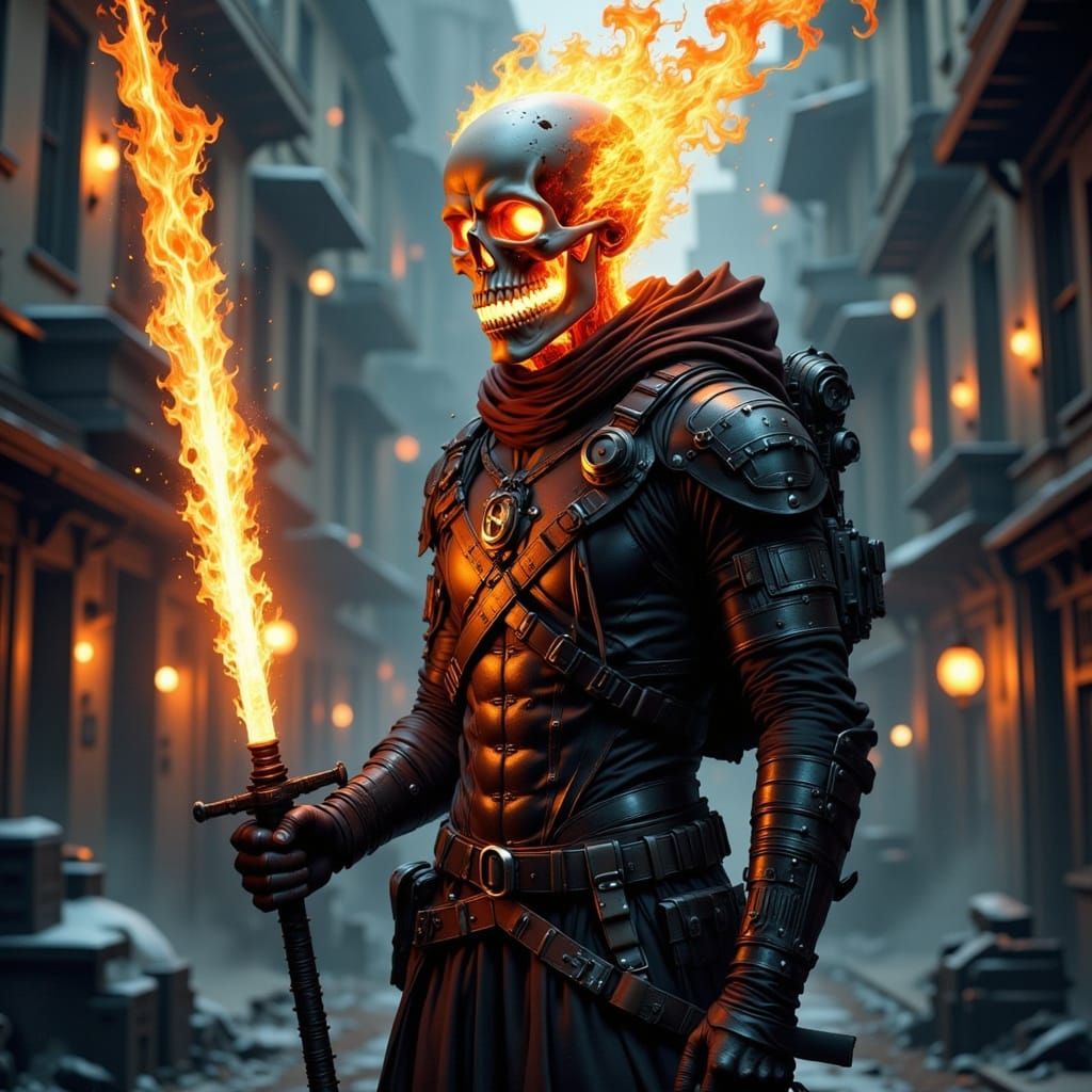 Flaming Skull Soldier in Sci-Fi City