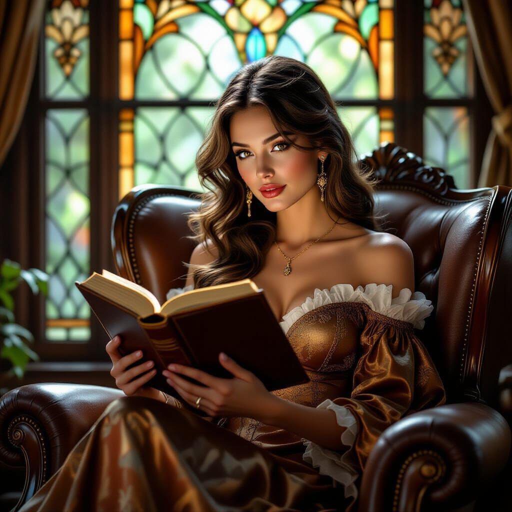 Woman Reading by Stained Glass in Art Nouveau Style