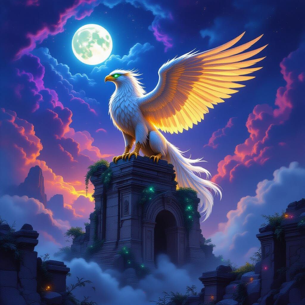 Majestic Griffin on Ancient Ruins Under Nebula Sky