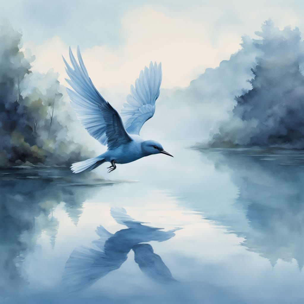Bird Over Blue Lake Watercolor Painting