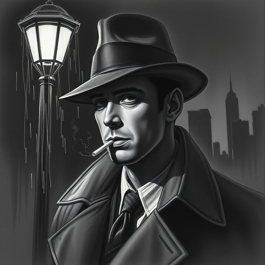 Moody 1930s Detective in a Rainy City Night Scene