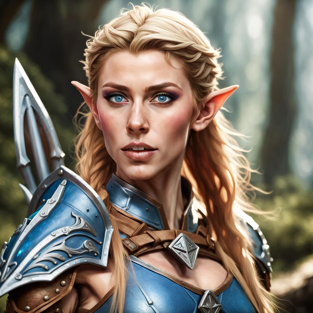 D&D female elf ranger, strawberry blond hair, blue eyes
