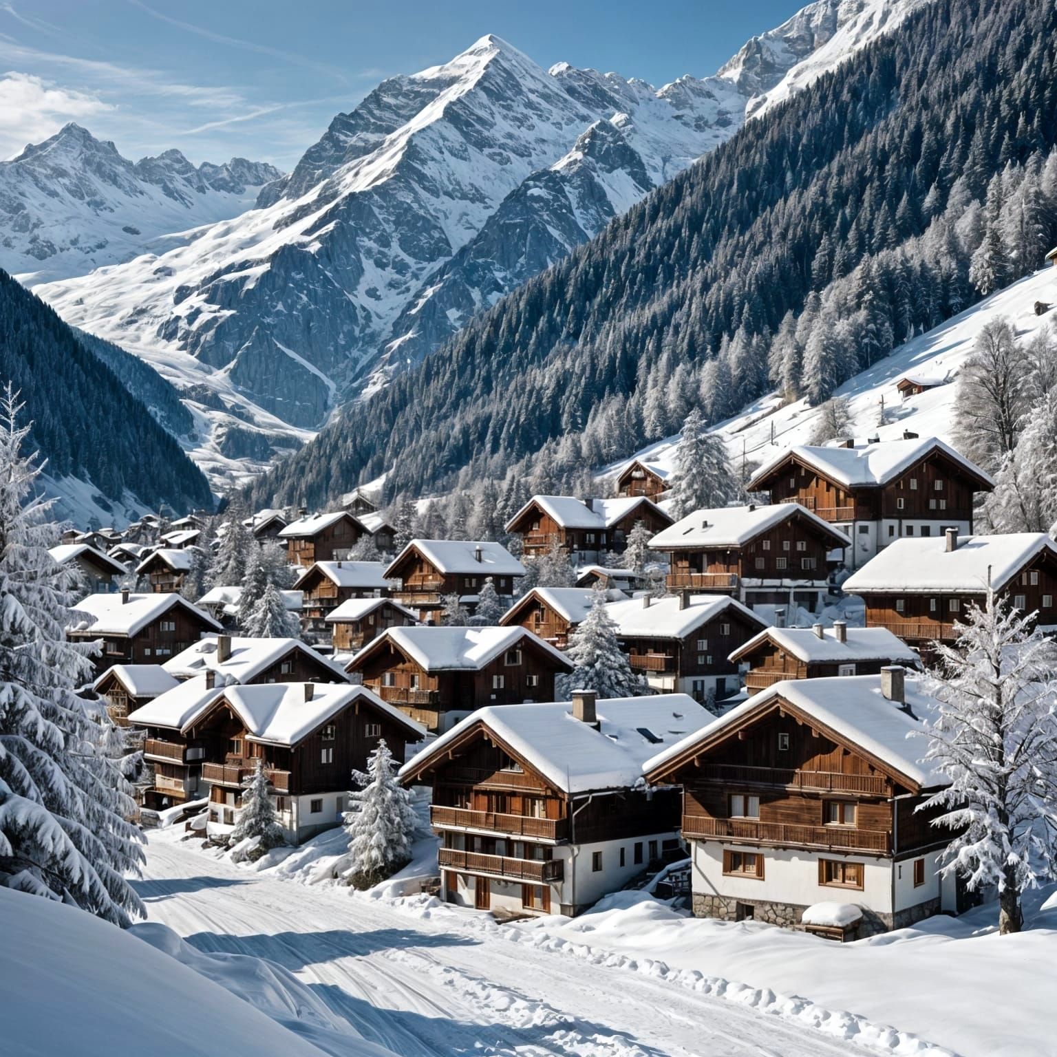 Peaceful Swiss Alps Landscape with Snowy Houses