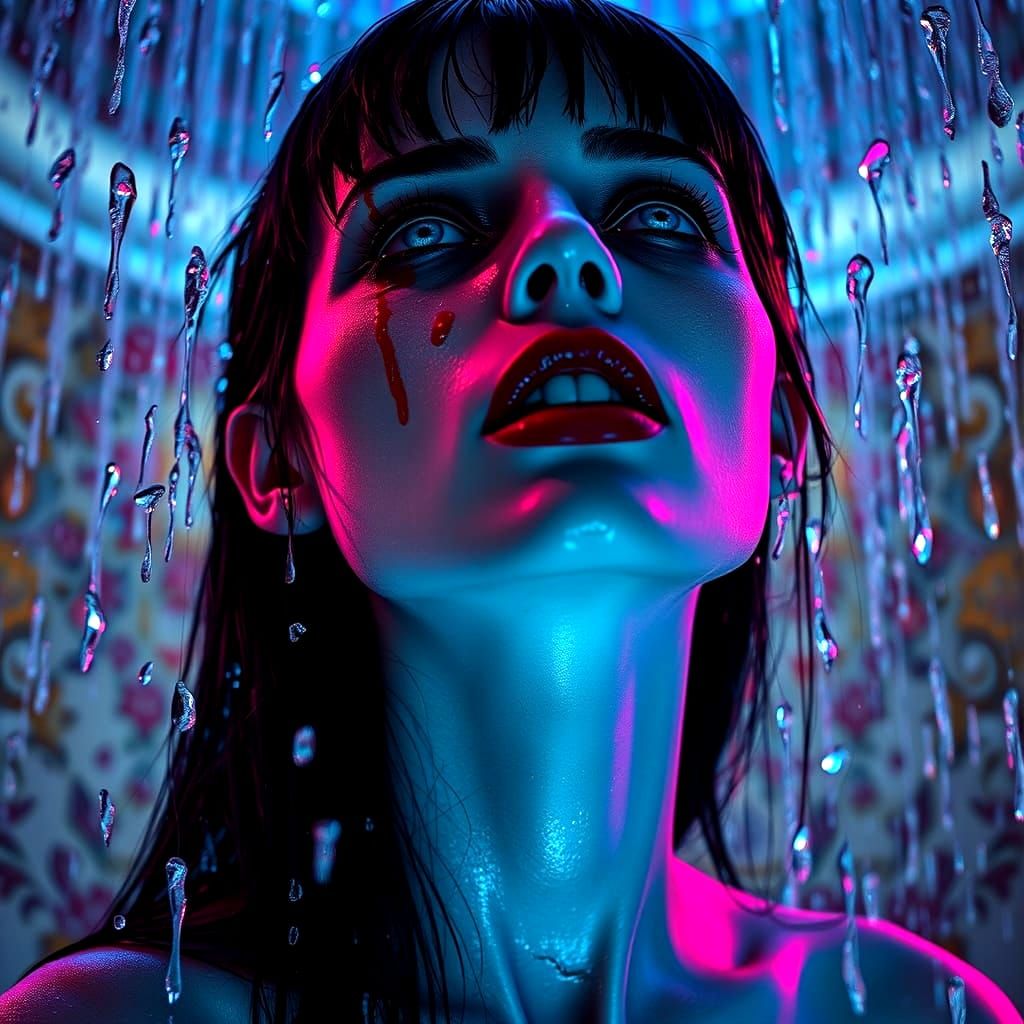 Vampire Goddess in Shower: Hyperrealistic Splash Art