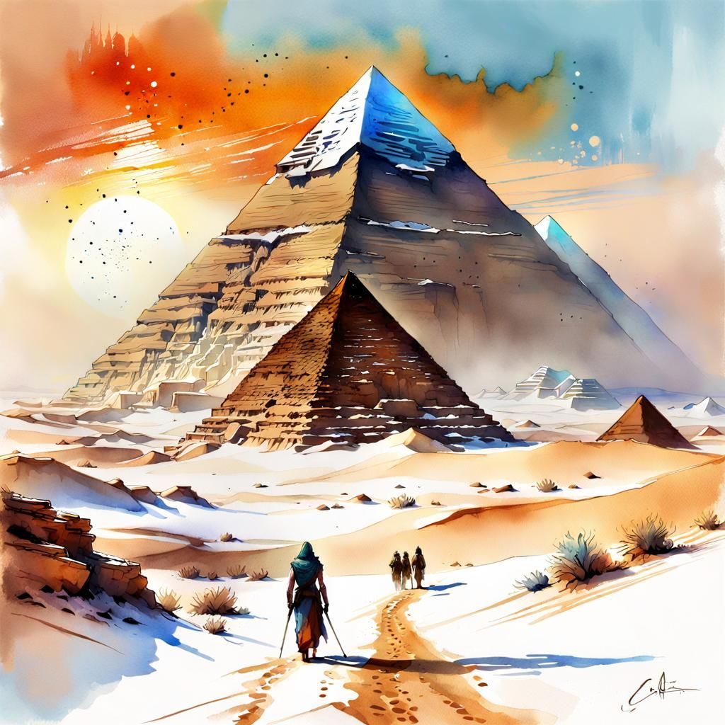 Snowy Egyptian Desert in Digital Watercolor Style