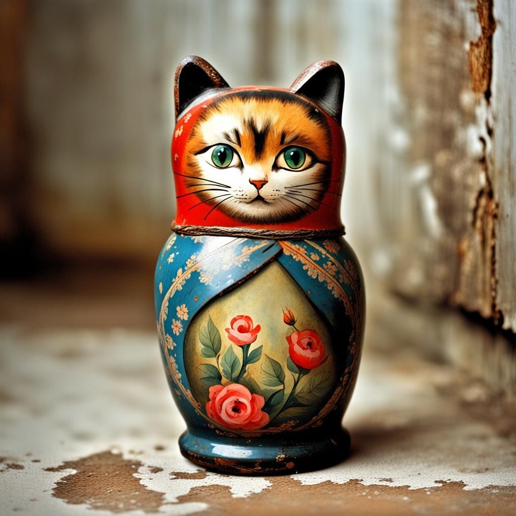 Antique Cat Matryoshka Doll Painting