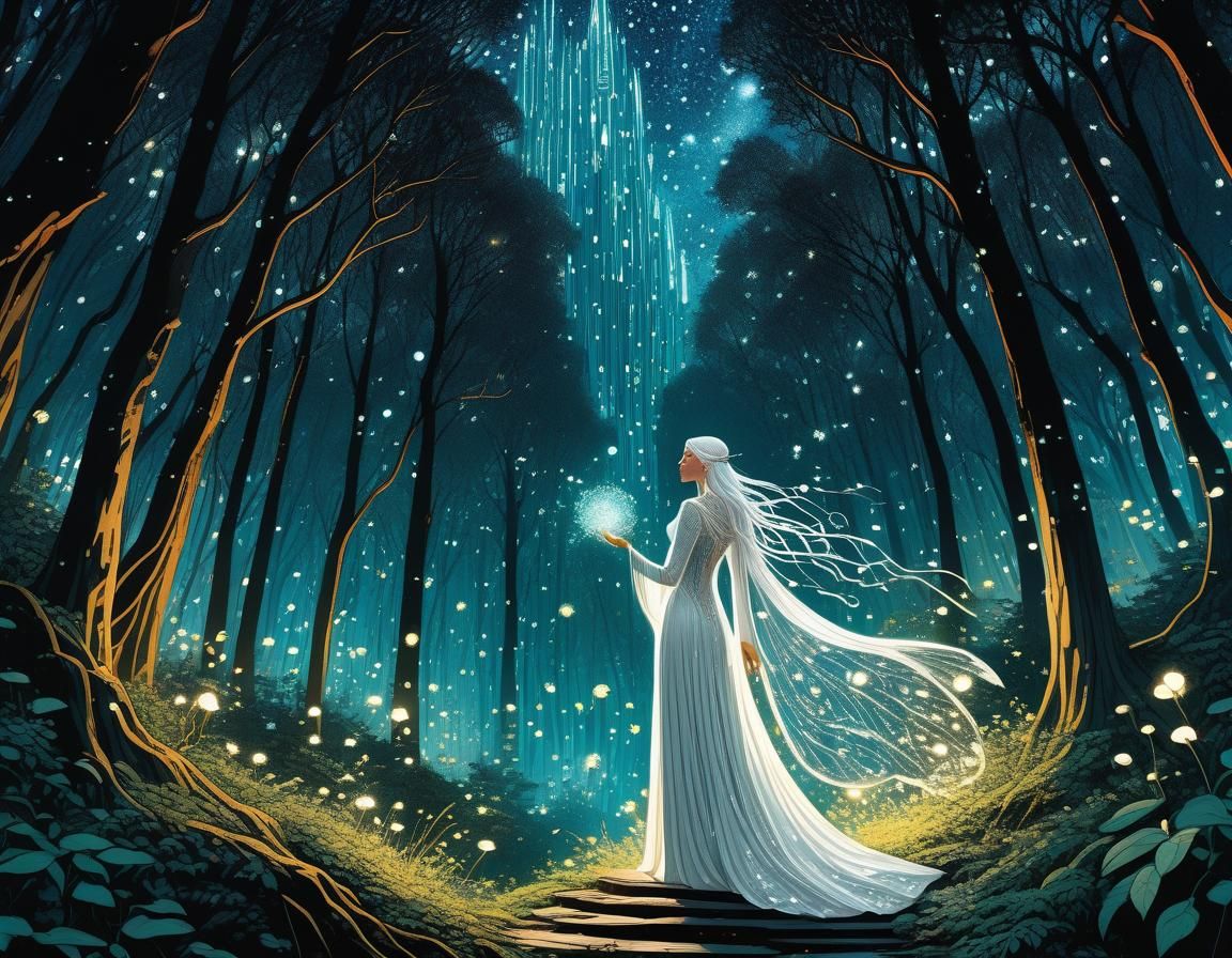 Elven Druid Casting Spell in Mystical Forest