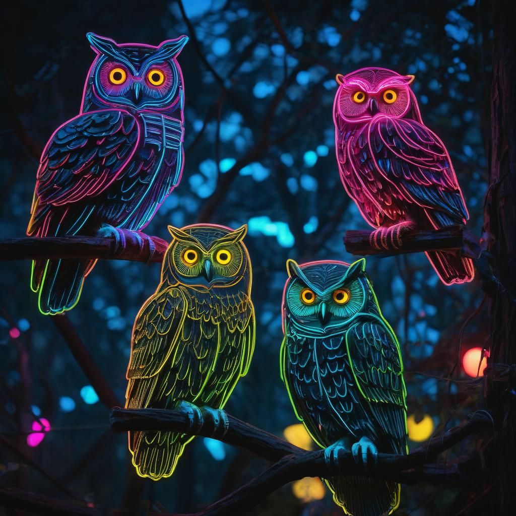 Neon Night Owls: A Vibrant Digital Art Piece