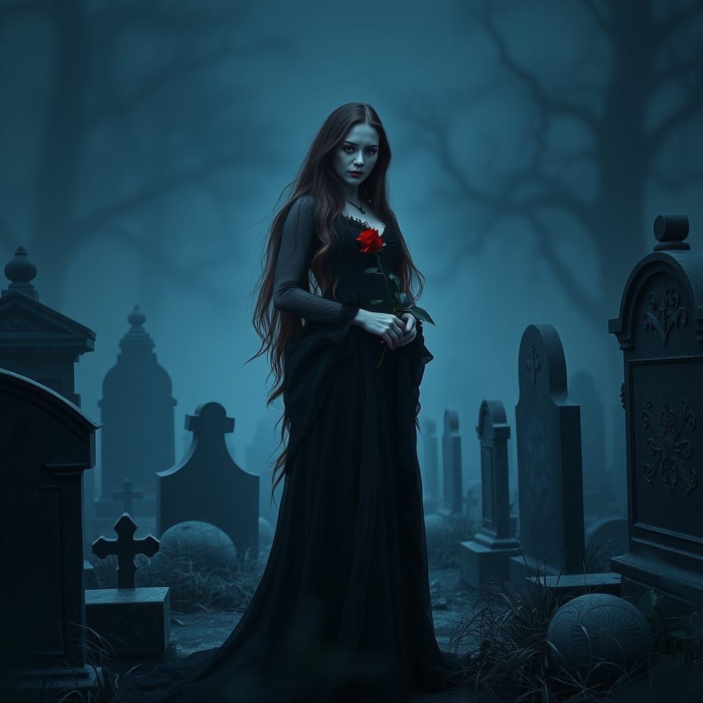 Gothic Woman in Midnight Graveyard with Crimson Rose