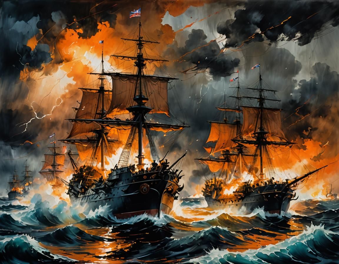 Vibrant 15th Century Sea Battle in Expressive Brush Strokes