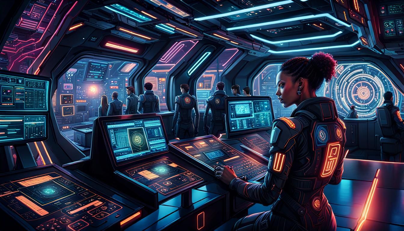 Cyber-Organic Being in Spaceship Control Room