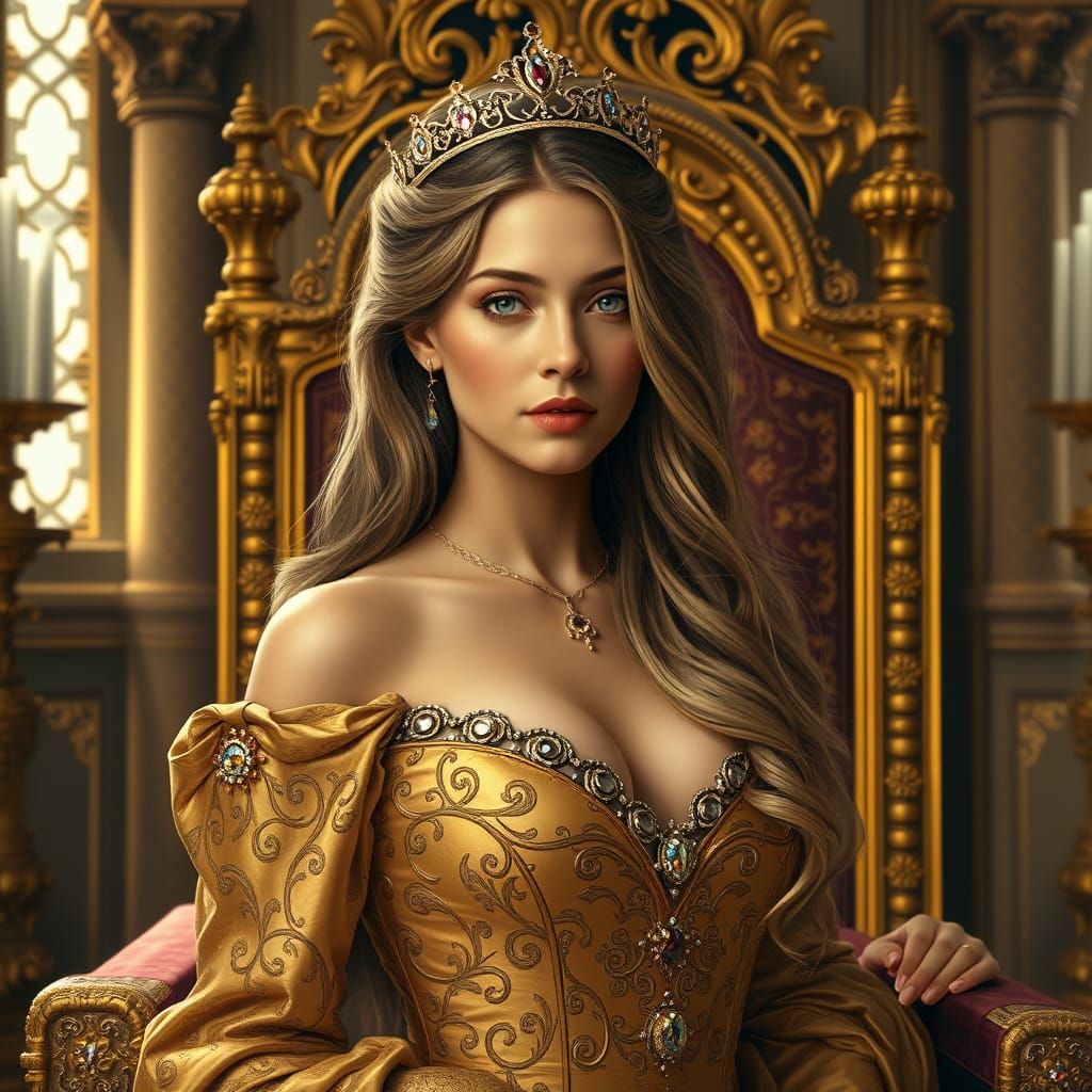 Regal Golden Goddess in Luxurious Pre-Raphaelite Style