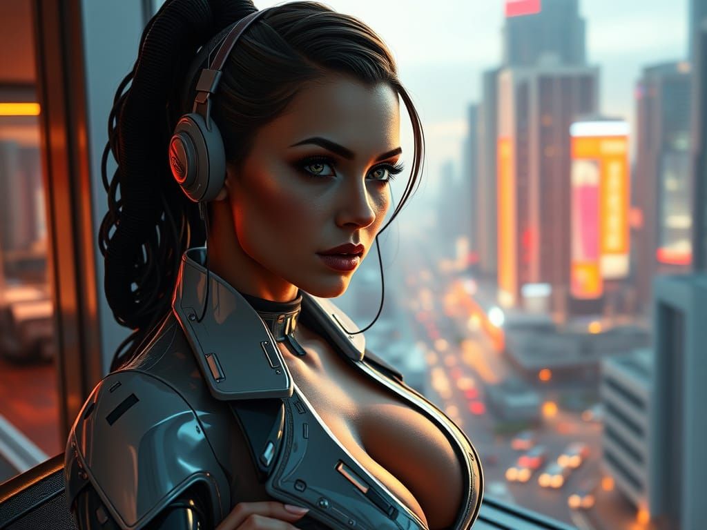 Cybernetic Executive in a Futuristic Cityscape