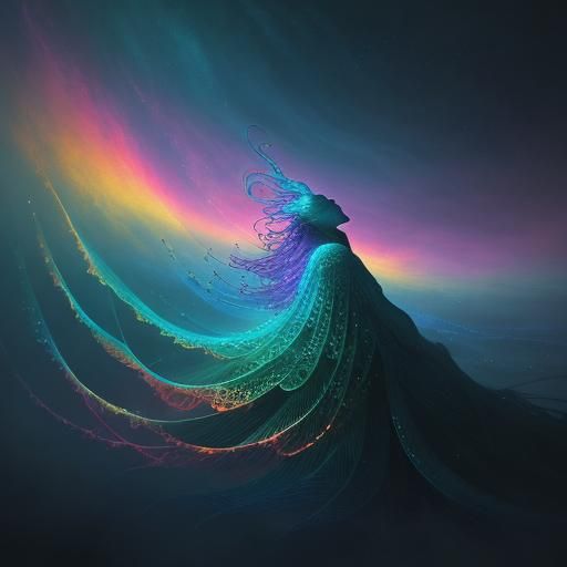 Surreal Iridescent Humanoid in Dreamlike Cloudscape