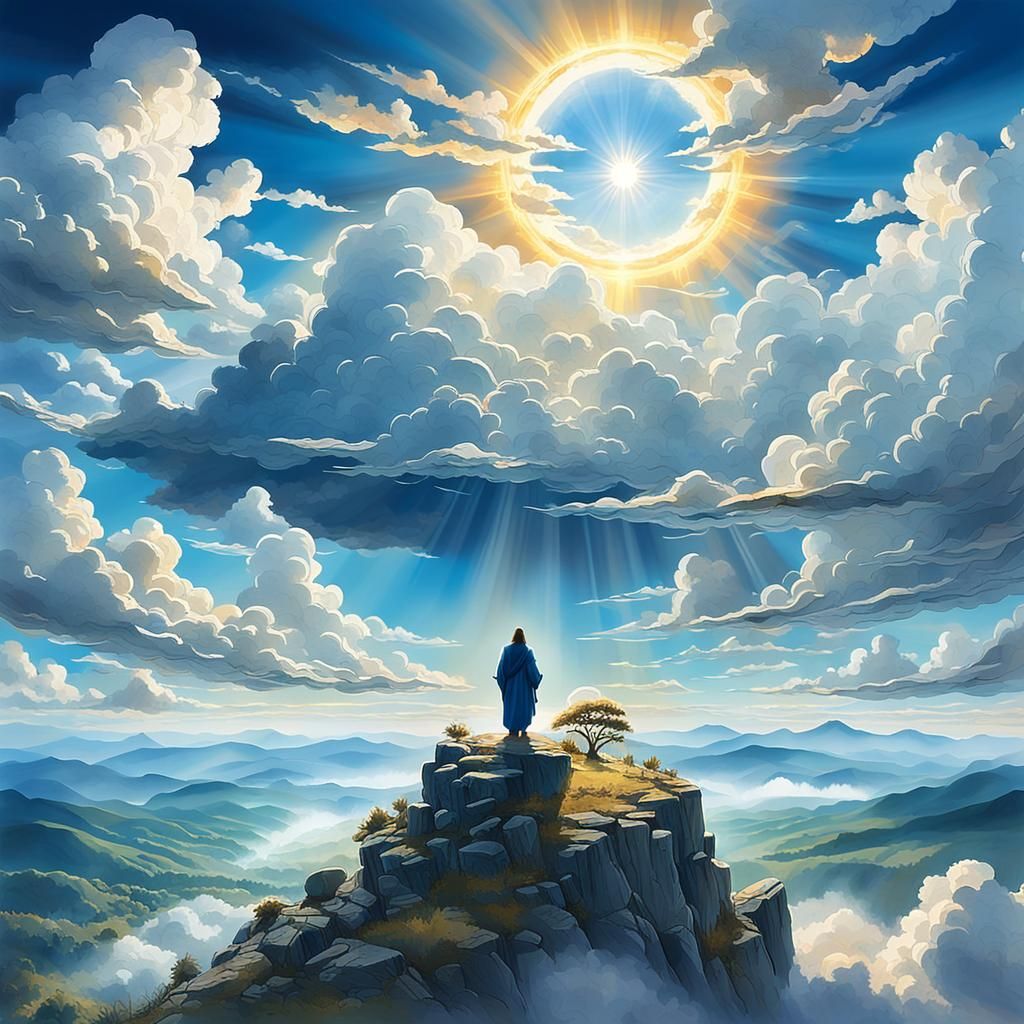 Double Exposure The sky is a serene blue, adorned with a sca...