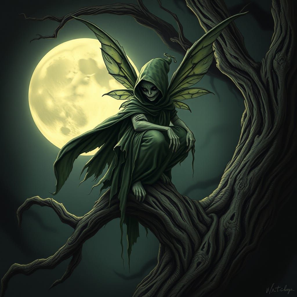 Eerie Fairy Perched on Branch in Moonlight