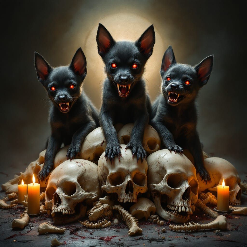 Demonic Puppies on Skulls in Surreal Horror Style