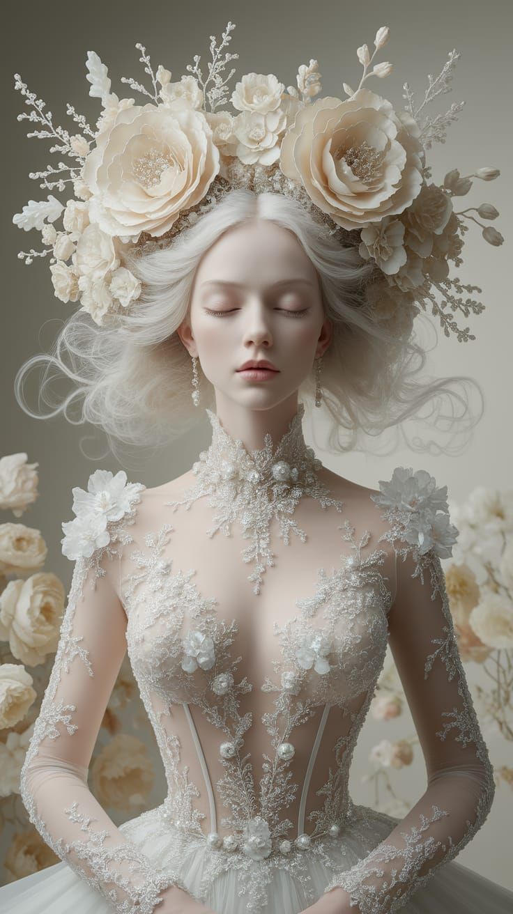 Ethereal Woman in Floral Couture: High-Fashion Fantasy Photo...