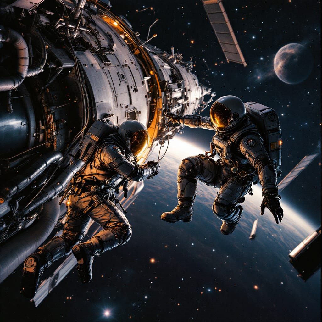 Two sci-fi futuristic astronauts repairing the outside of a huge epic space station. Cinematic film still, shot on v-rap...