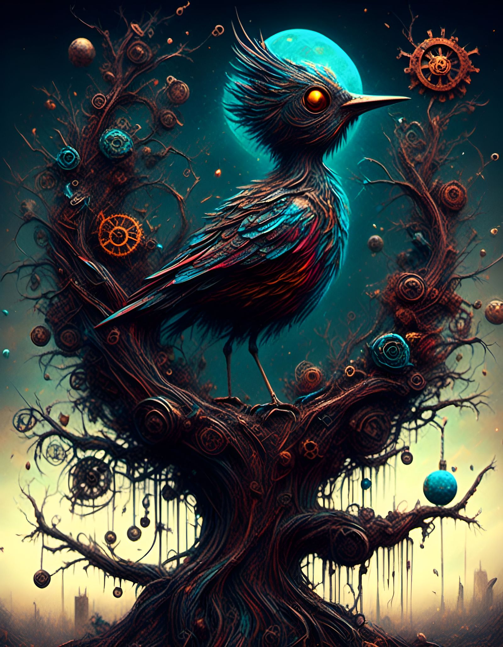Adorable Creepy Bird in Decaying Tree, Vibrant Colors