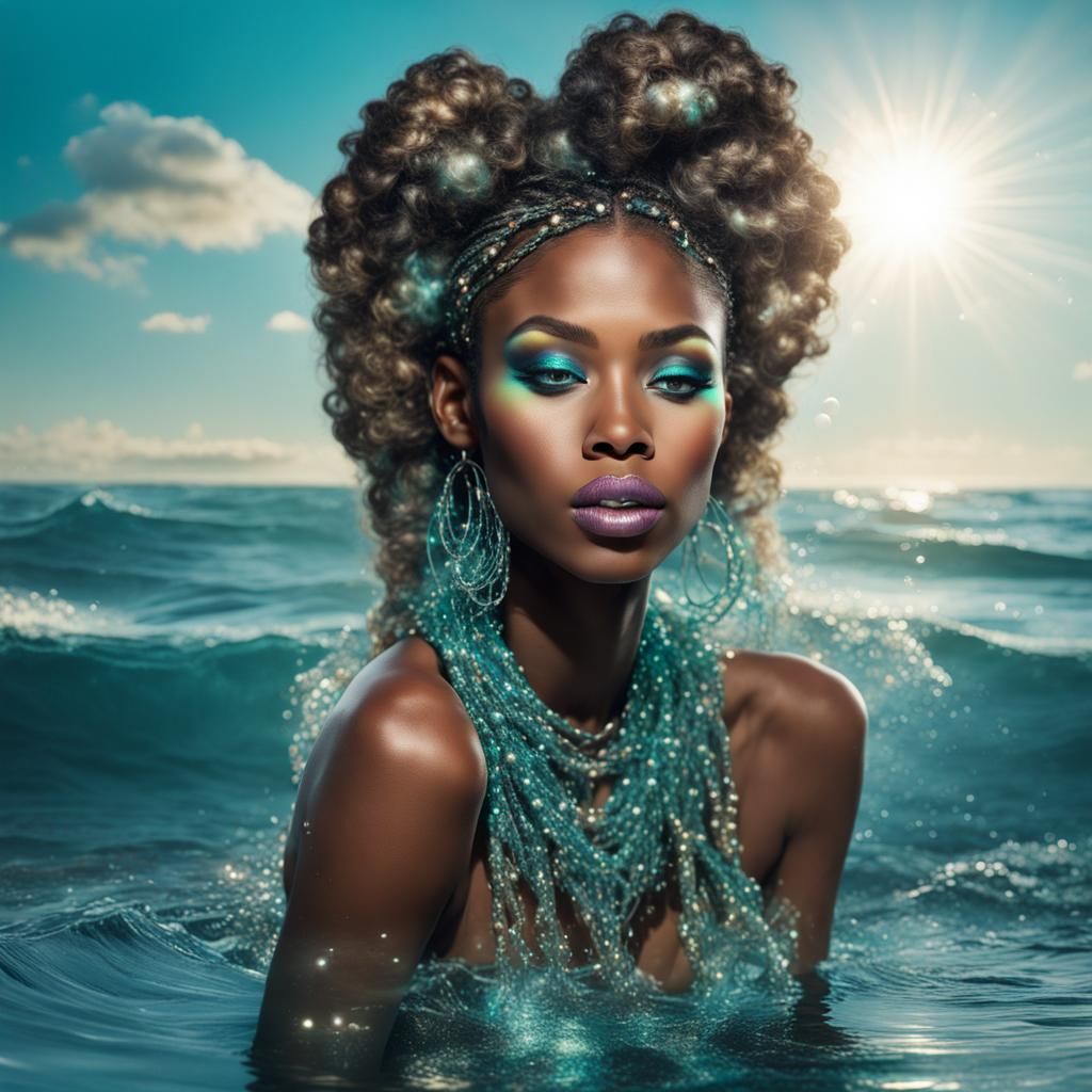 Stunning African American Mermaid in Underwater Grotto