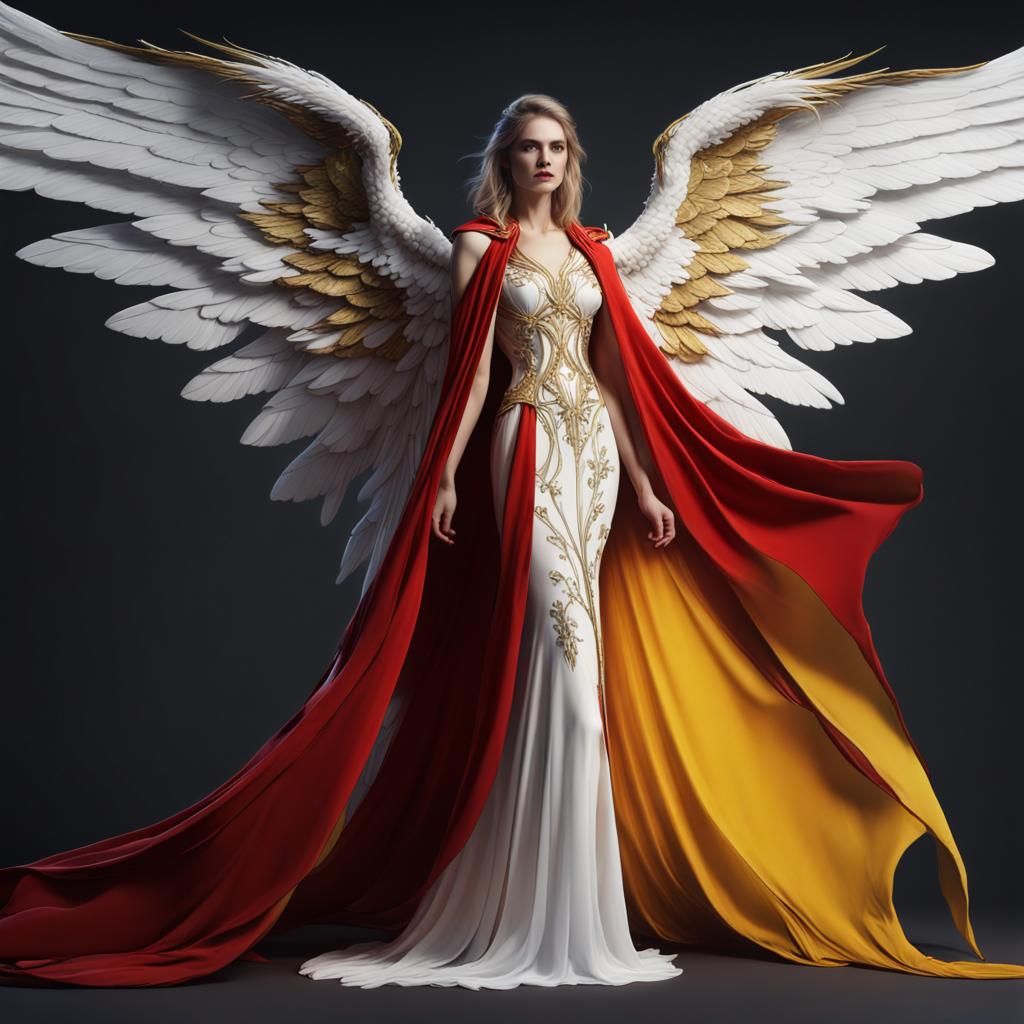 High Fashion Angel in Red Cape and White Gown