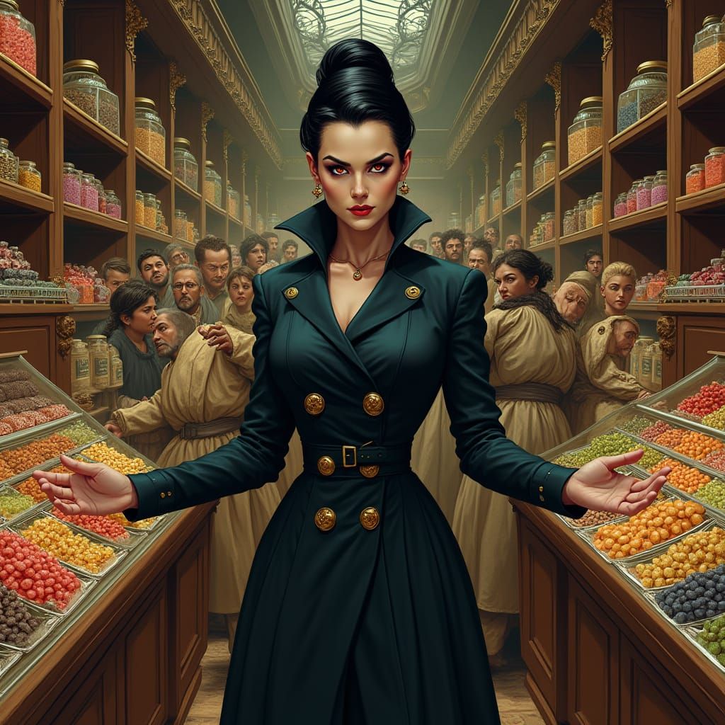 Baroque Woman Dominates Ornate Candy Shop in Dark, Forebodin...