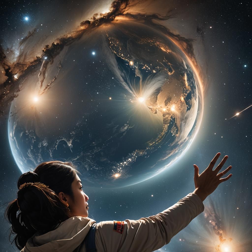 Woman in Space Reaching for Earth