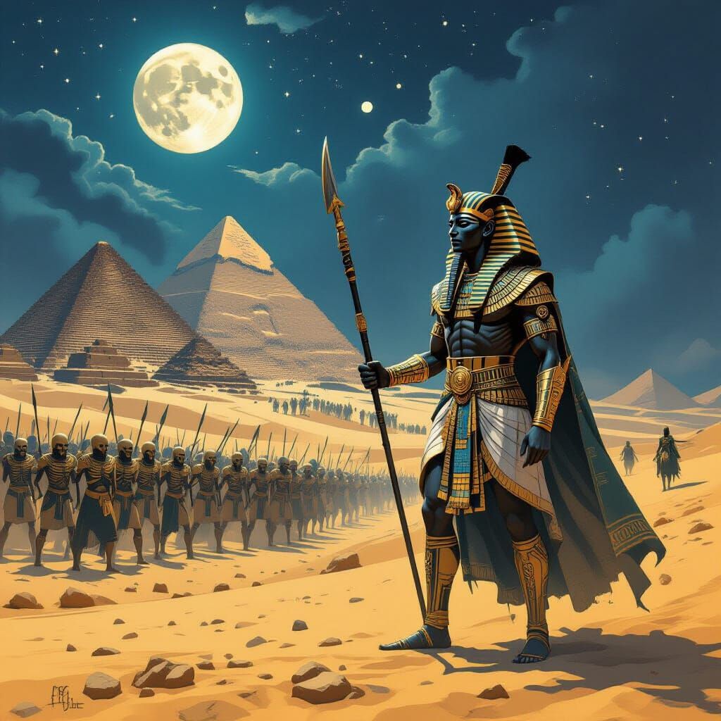 Pharaoh Commands Spectral Army Under Moonlit Desert Sky