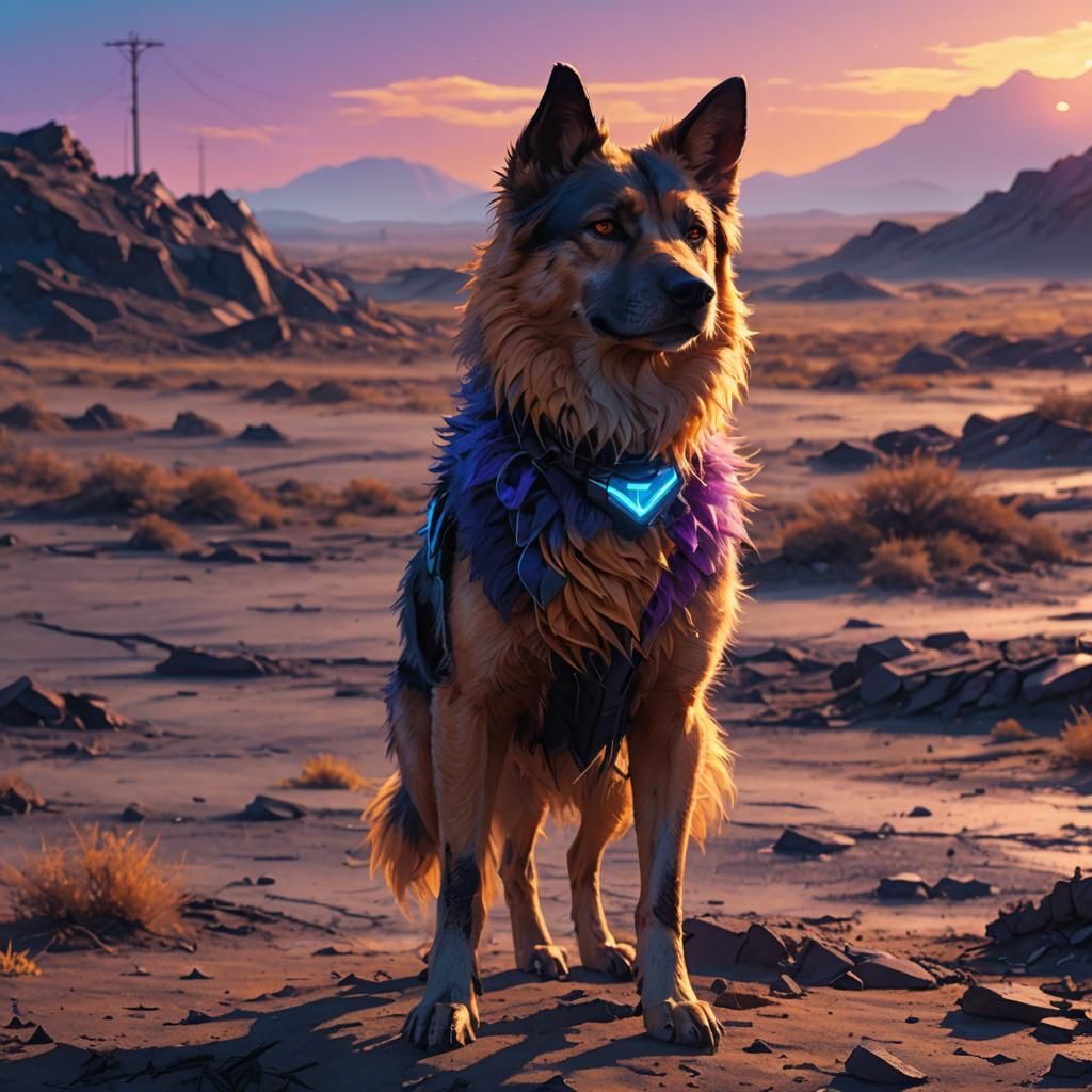 Anime Sci-Fi Dog-Man in Wasteland Sunset