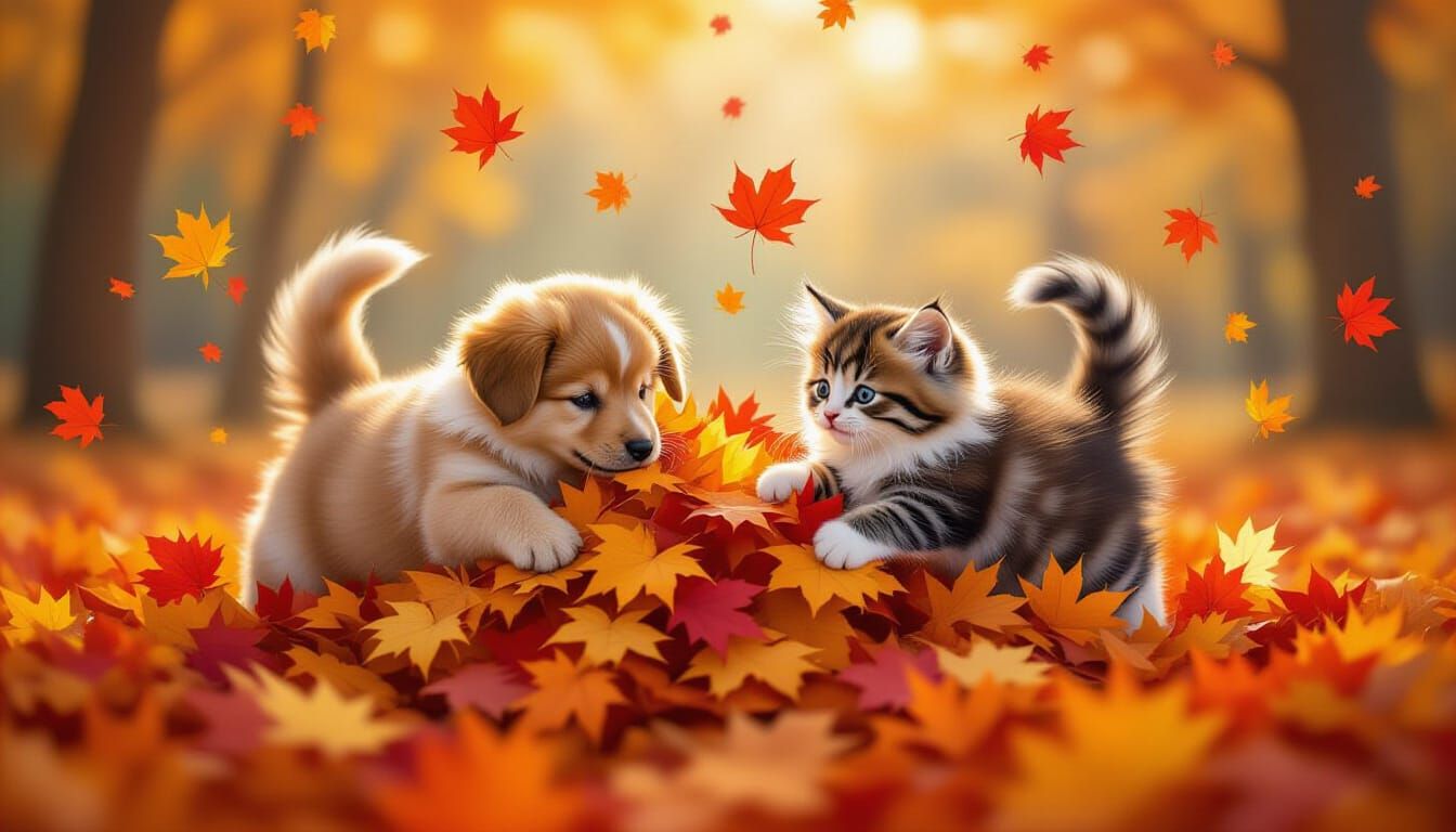Playful Puppy and Kitten Dive into Autumn Leaves
