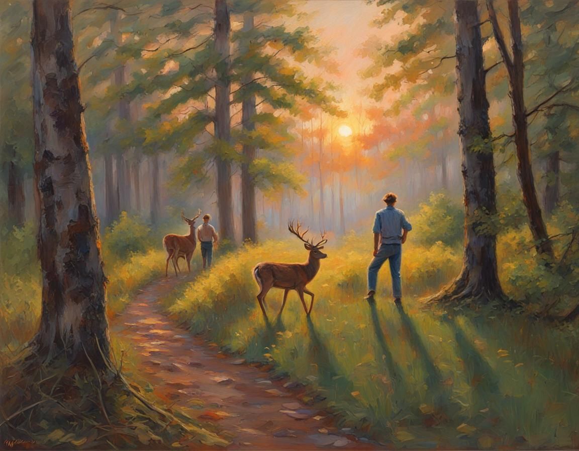 Sunrise Woods: People, Deer, and Fowl