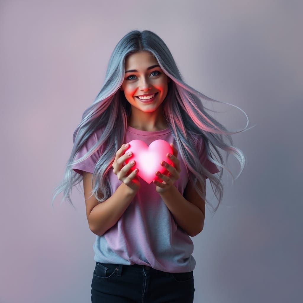Young Woman Offers Glowing Heart: Painterly Ethereal Style
