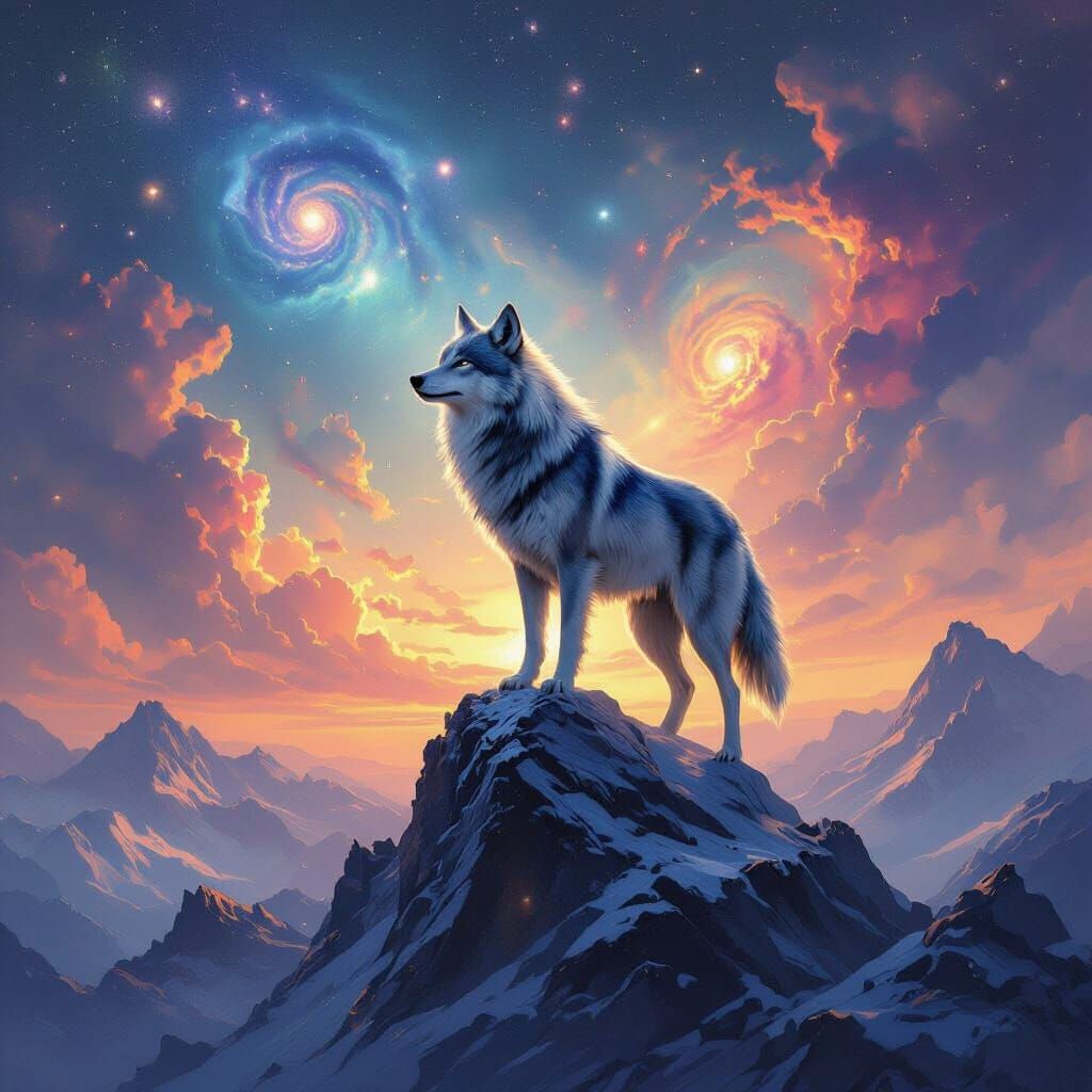 Nebula Wolf on Crystalline Peak Under Galactic Sky