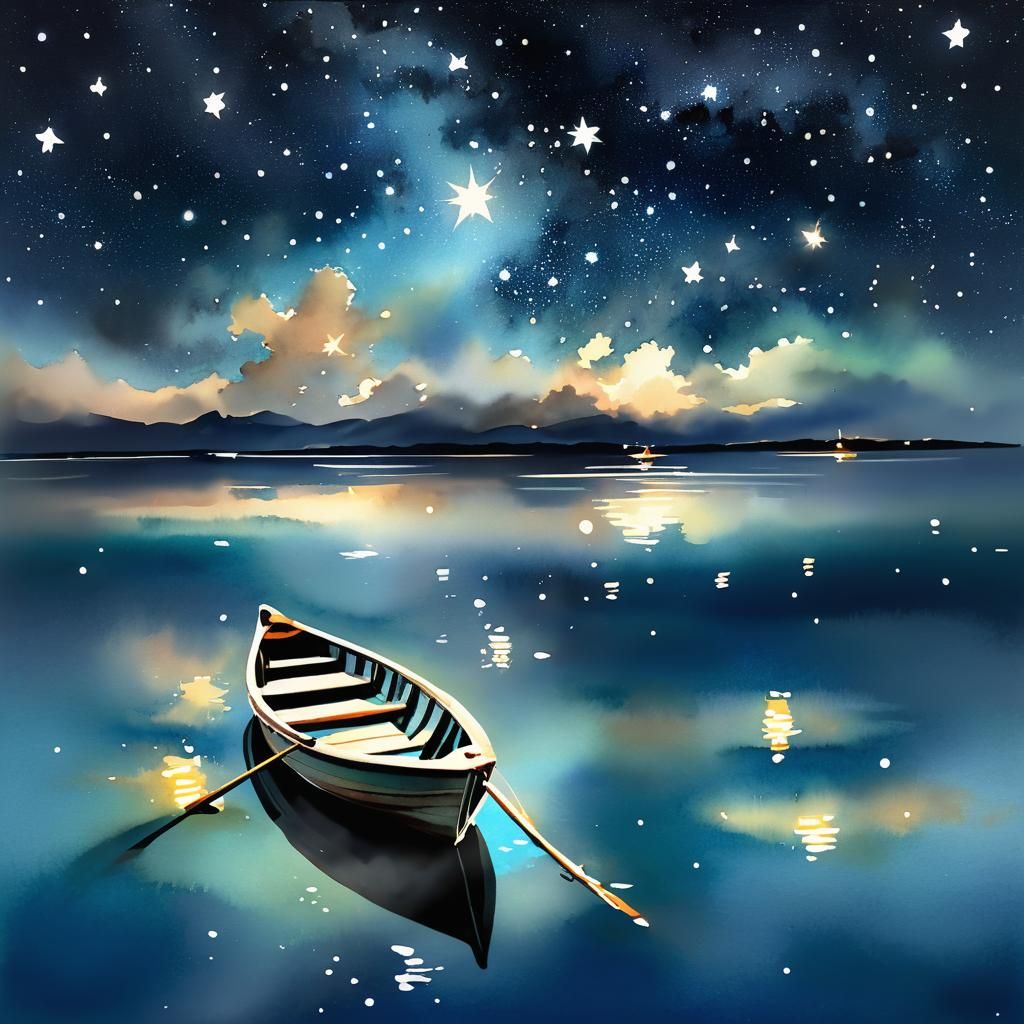 Watercolor Rowboat Reflects Starry Sky