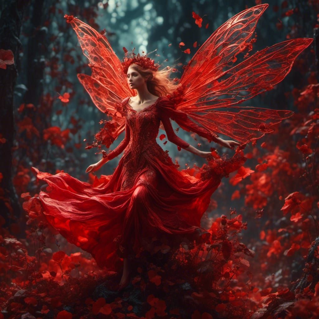Mystical Red Fairy in Hyperrealistic Splash Art