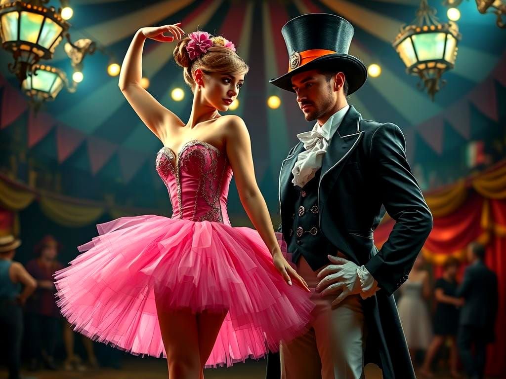 Steampunk Circus: Ballerina and Magician in Vibrant Colors