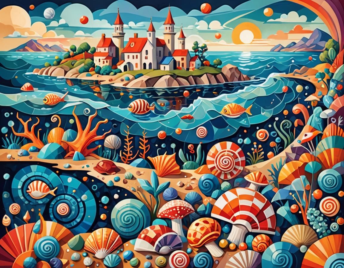 Surreal Shore Landscape in Geometric Fauvism Style
