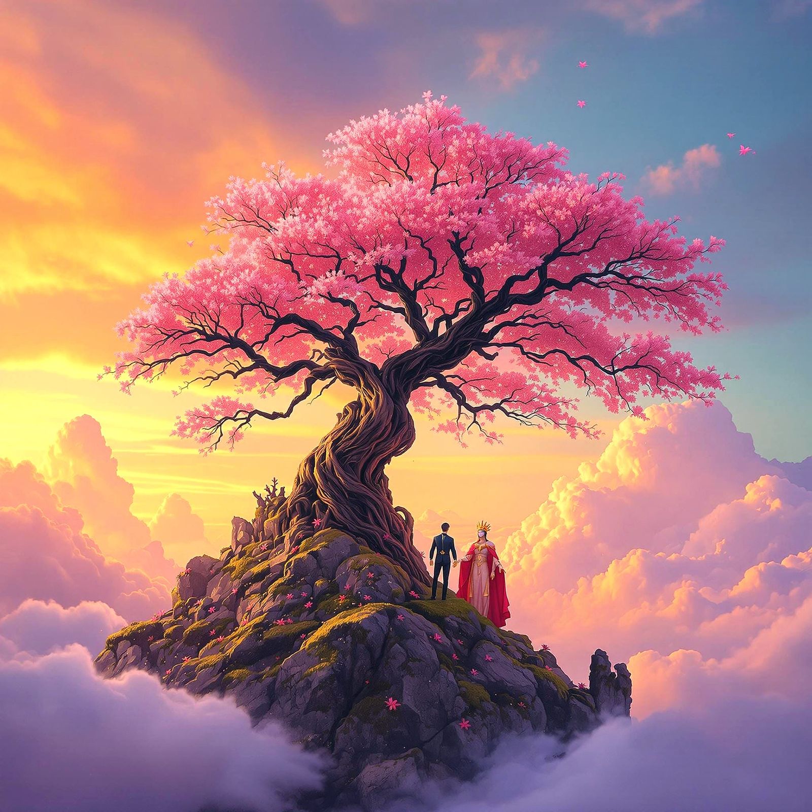 Majestic Pink Blossom Tree in Sunset Sky
