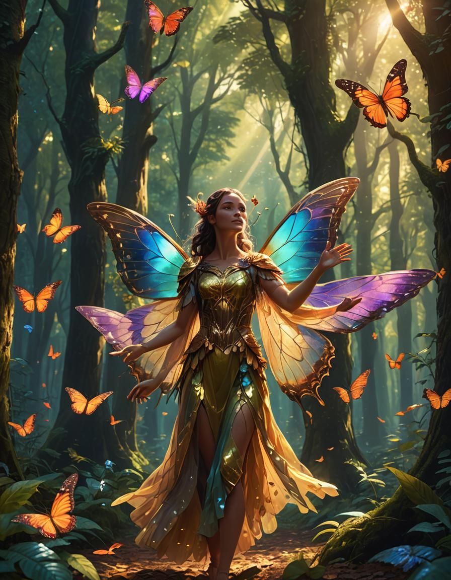 Human with Butterfly Wings in Mystical Forest