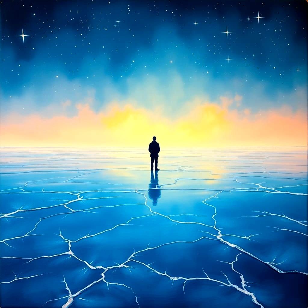 Starlight Reflects on Frozen Lake: Gouache Painting